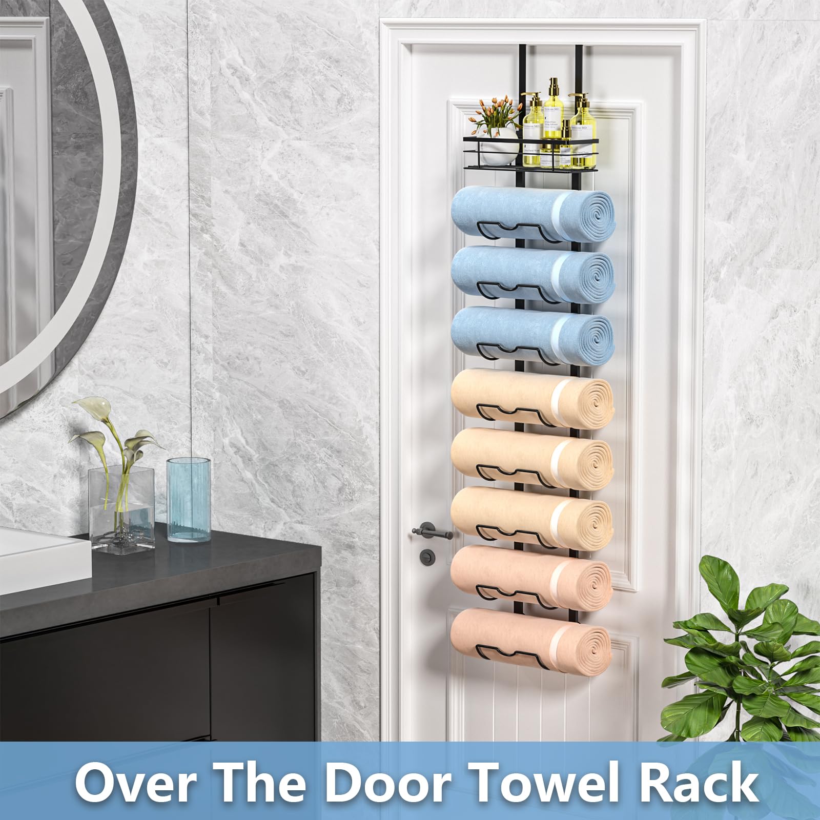Xstydes 9-Tier Metal Towel Rack for Bathroom, Black, Model TM-9B, with Storage Basket for Rolled Towels