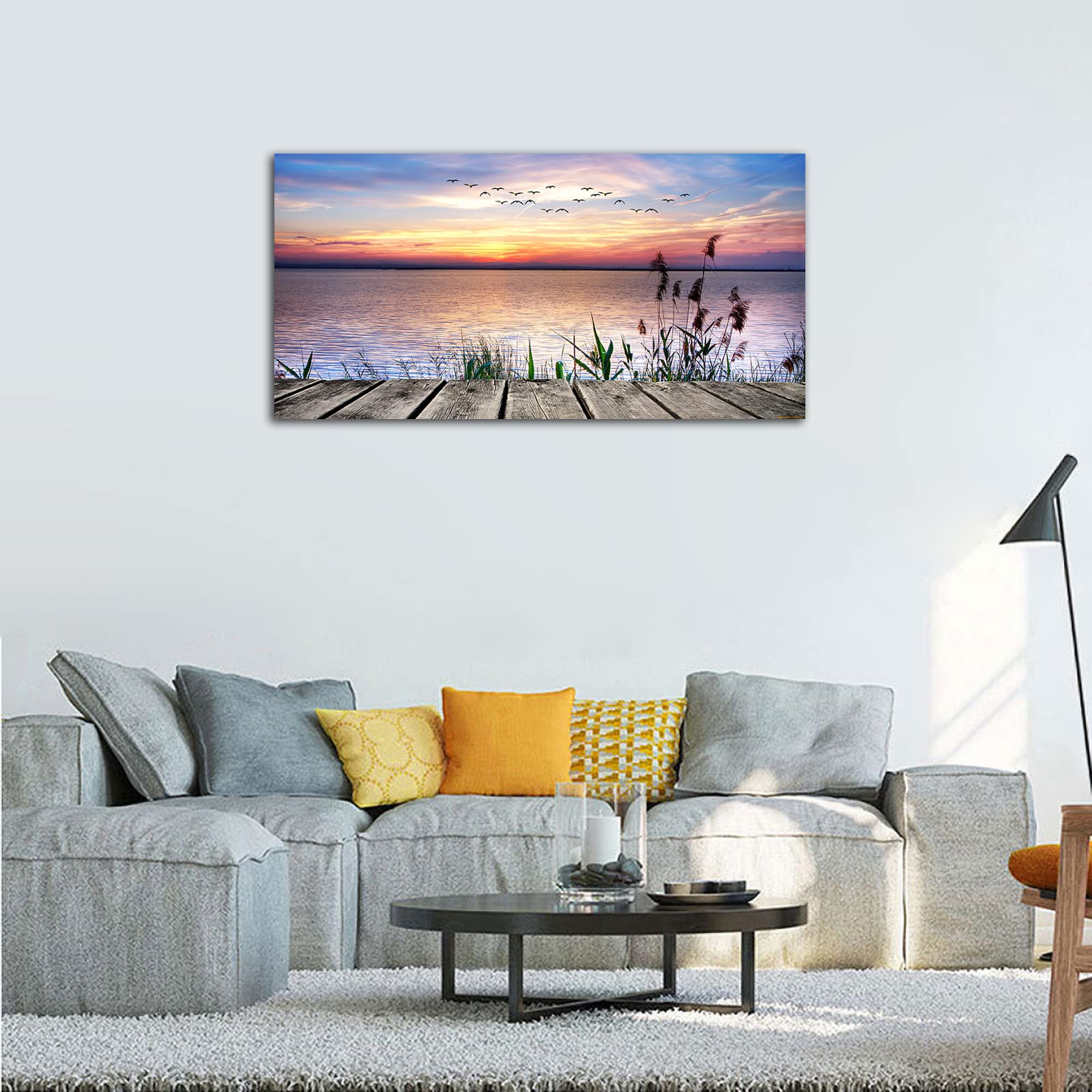 Large Wall Art for Living Room Peaceful Lake Sunset for Bedroom Wall Decor Contemporary Canvas Wall Art Nature Sunset Dock Flying Birds Grass Landscape for Home Office Decoration 24'' x 48''