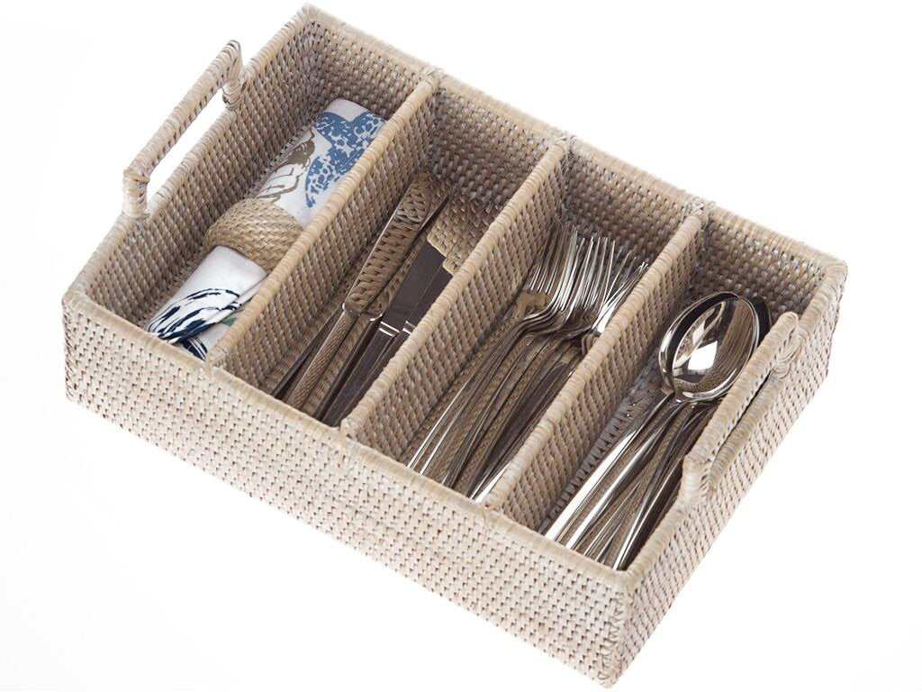 Kouboo Lo Jolla Rattan Flatware Tray, White Wash