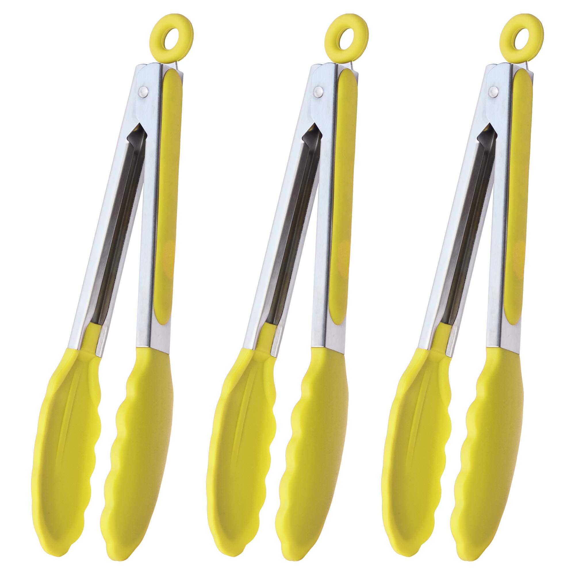 Hinmay Silicone Tipped Tongs 9-Inch Kitchen Cooking Tongs, Set Of 3 (Yellow)