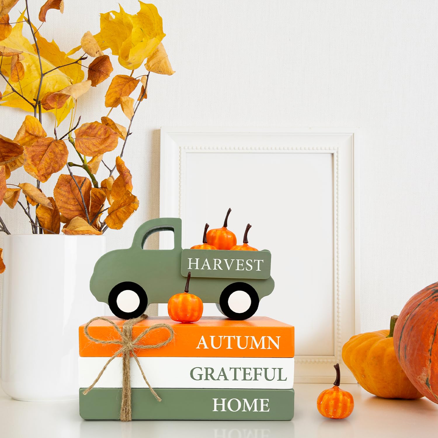 Thanksgiving Decorations for Home Indoor, Wooden Farmhouse Harvest Decor Signs with Book Stack, 3D Truck, 5 Pumpkins for Office