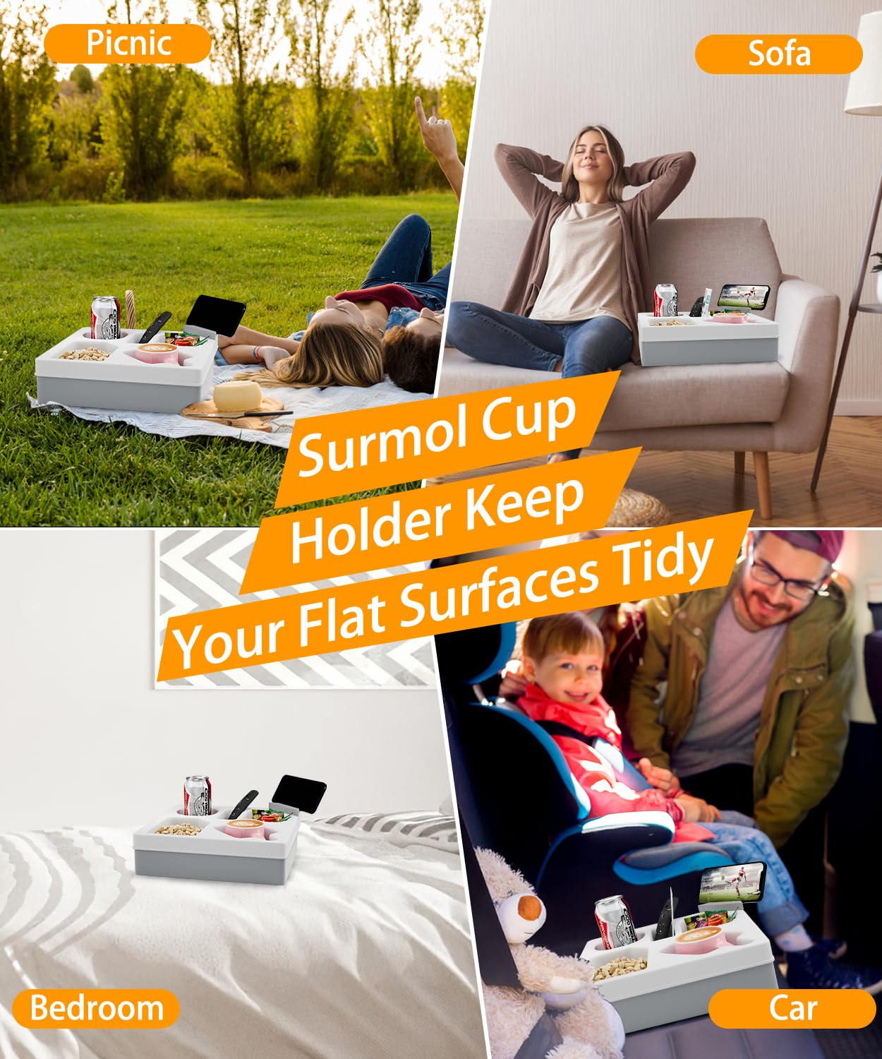 Couch Cup Holder Tray, Non-Slip Silicone Sofa Couch Caddy For Home, Car, And Outdoors, Waterproof Versatile Couch Table Tray For