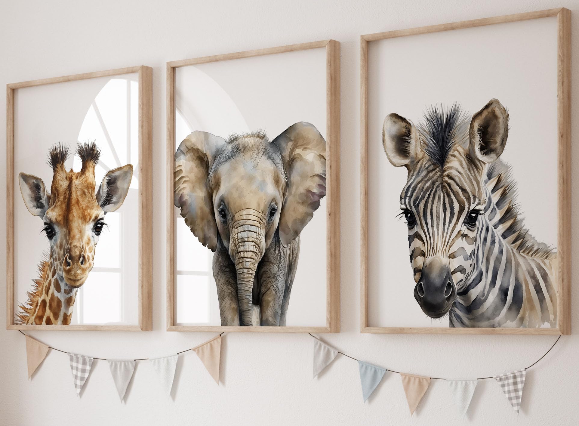 Safari Animals Set Of 3 Unframed Poster Prints, Baby Girl Boy Children Nursery Bedroom Playroom Wall Art Decor, Giraffe Elephant