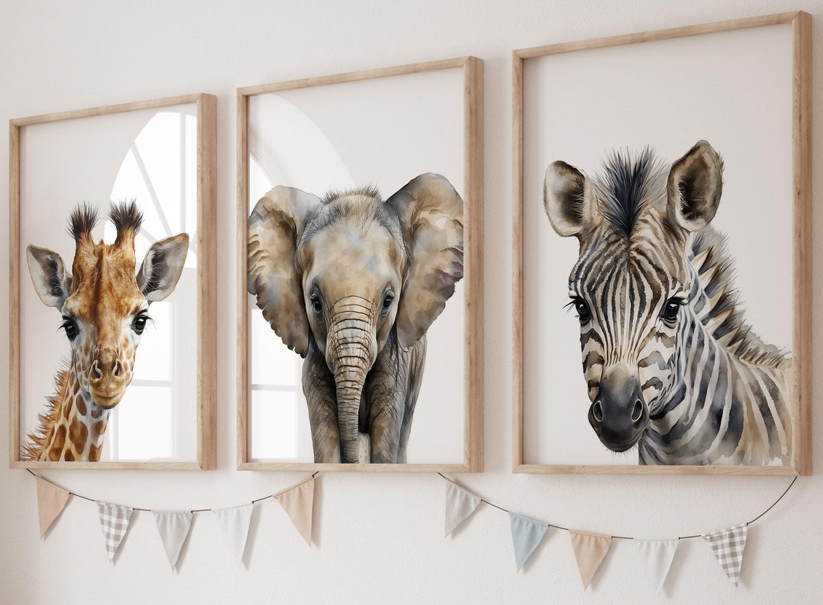Safari Animals Set Of 3 Unframed Poster Prints, Baby Girl Boy Children Nursery Bedroom Playroom Wall Art Decor, Giraffe Elephant