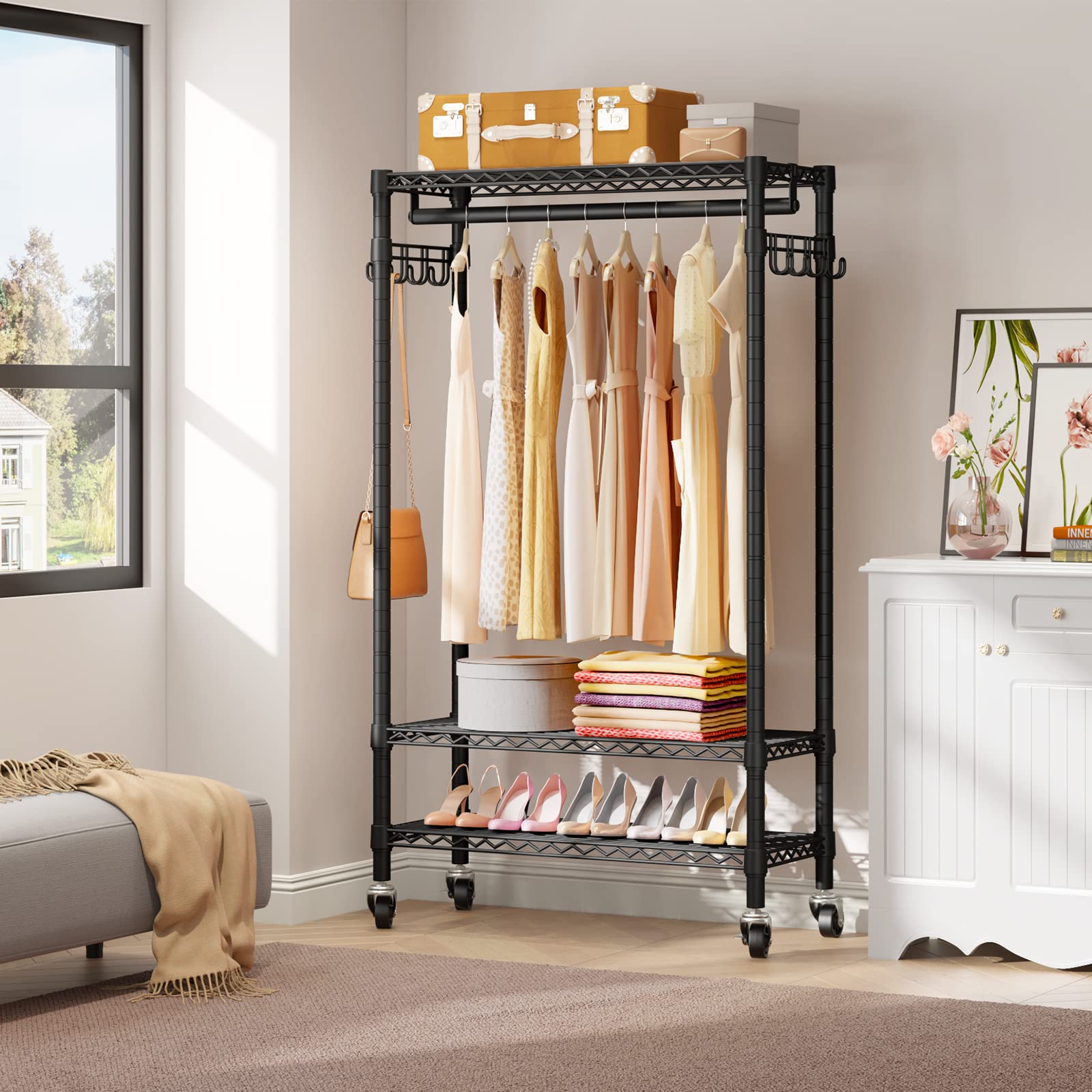 Vipek R1 Rolling Garment Rack Heavy Duty Clothes Rack For Hanging Clothes, Portable Closet Wardrobe With Wheels And Side Hooks,