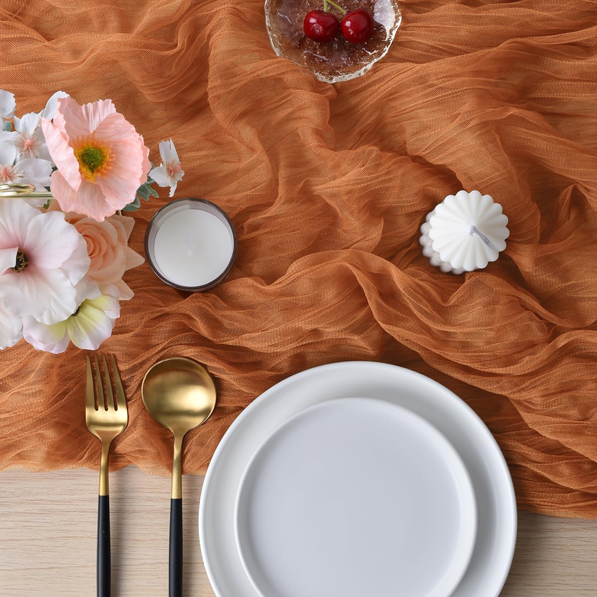 Joanlody Terracotta Cheesecloth Table Runner 10Ft Rustic Gauze Cheese Cloth Table Runner Boho Fall Thanksgiving Table Runner For