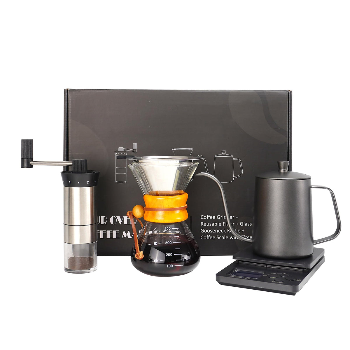 Pour Over Coffee Kit Chemex Coffee Maker Set, All In One Hand Drip Coffee Set, Coffee Grinder Manual Set, Ideal For Anniversary
