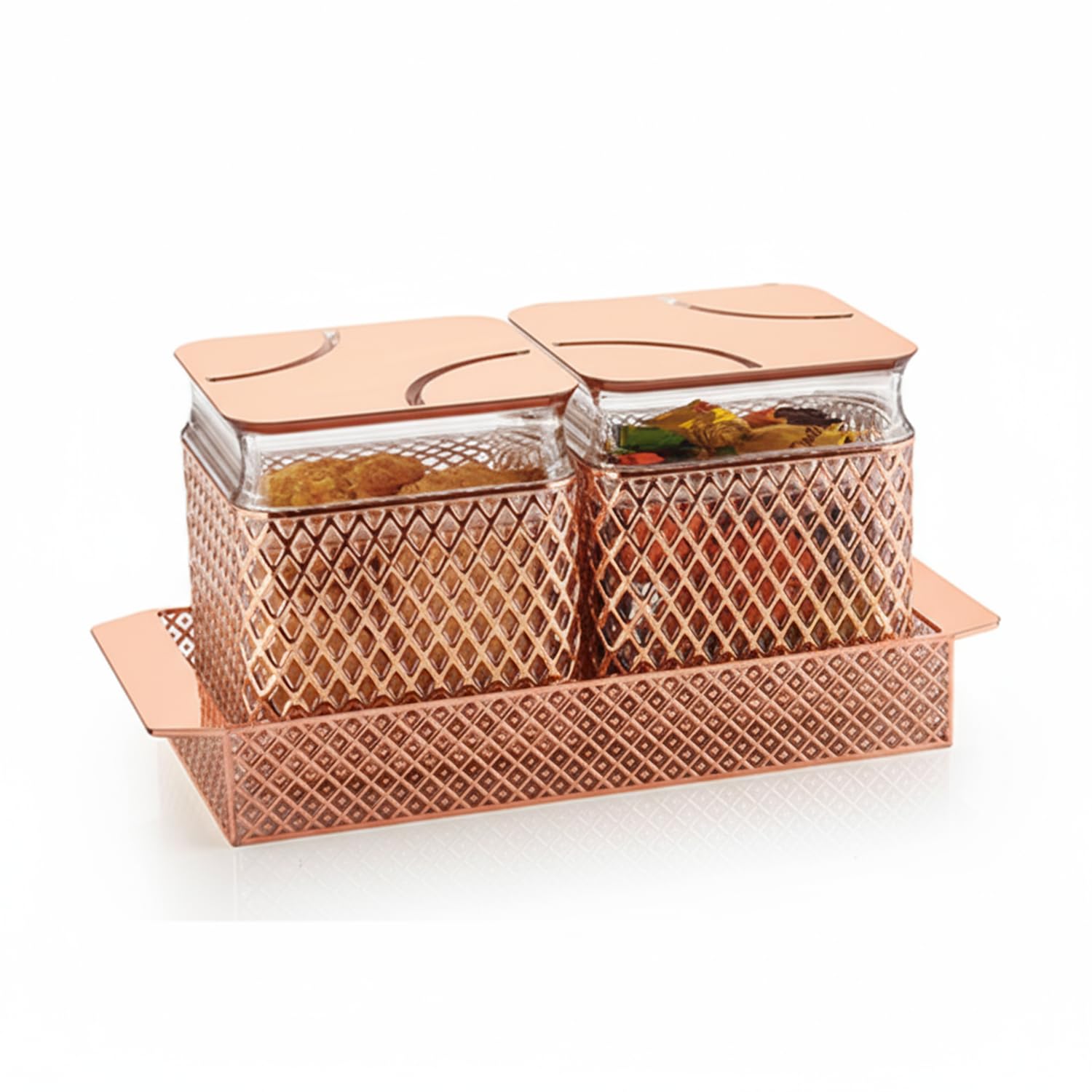 Pearlpet Fiesta AirTight Dry Fruit Container Tray Set With Lid & Serving Tray, Gift Set, 500 Ml (Rosegold2Pcs)