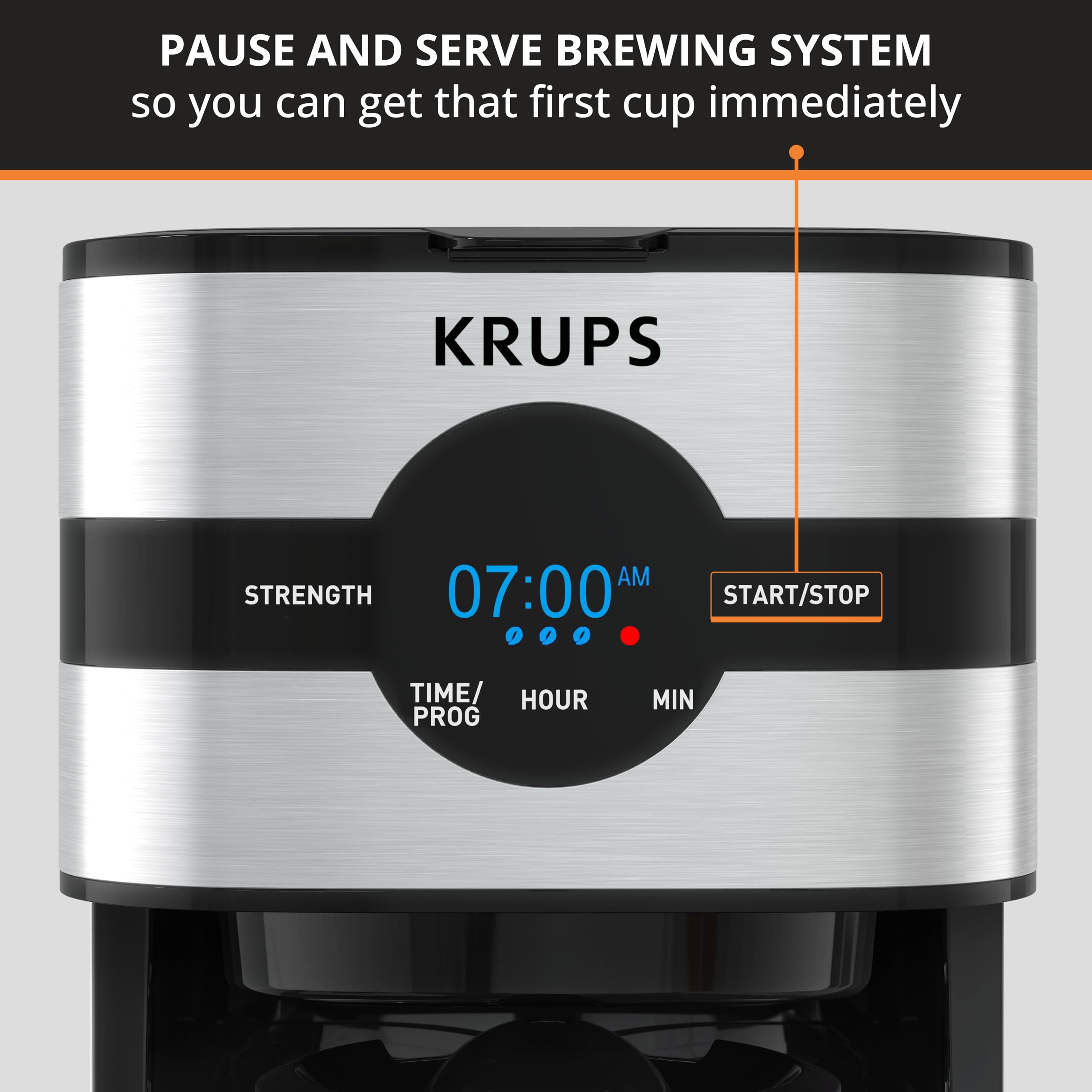 KRUPS 10-Cup Digital Coffee Maker, Stainless Steel & Black, Model 10942227700, Drip Free, Dishwasher Safe Pot, 900 Watts