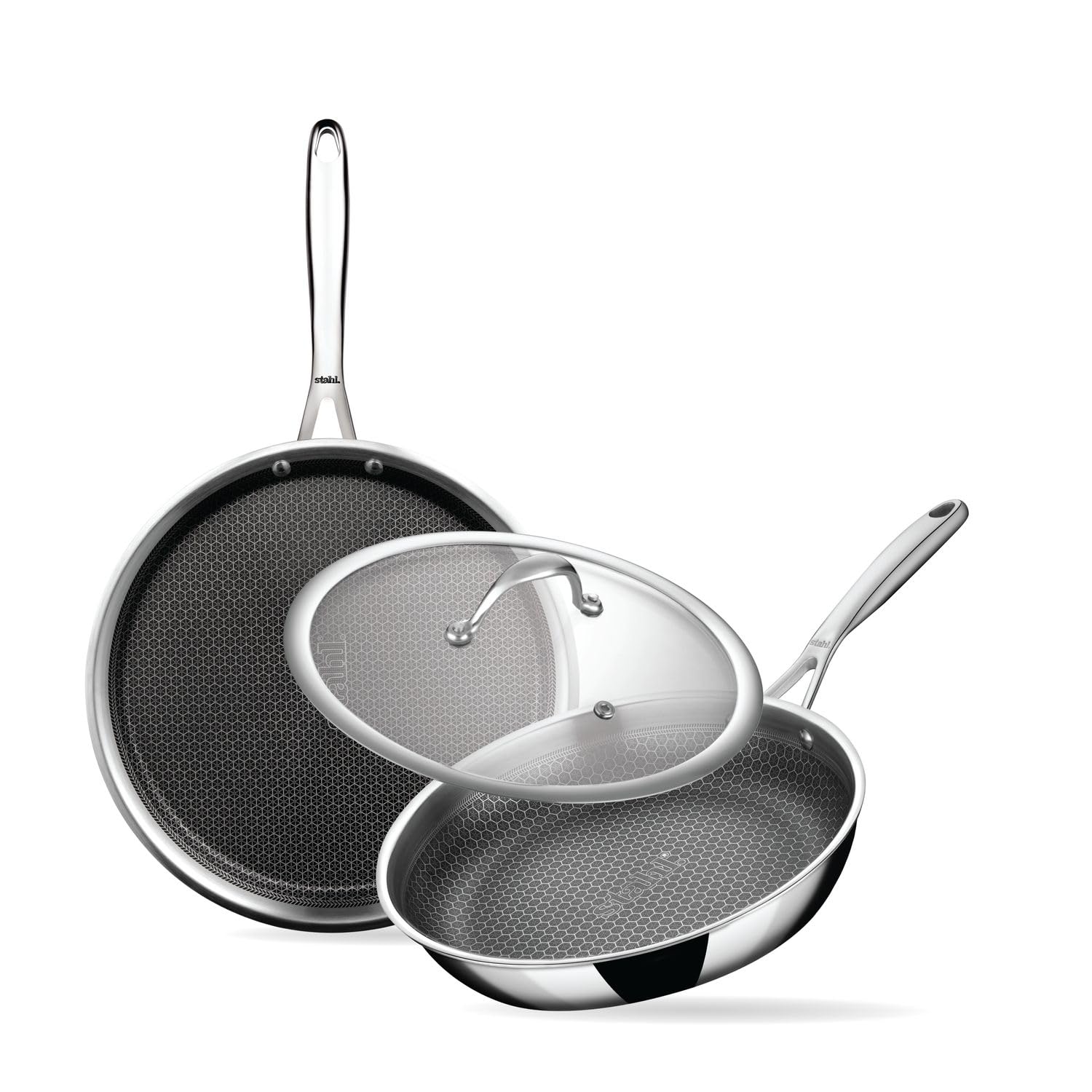 Stahl Artisan Hybrid 3 Piece Triply Stainless Steel Cookware Set | Dosa Tawa 28Cm + Fry Pan 24Cm With Glass Lid | Induction & Ga