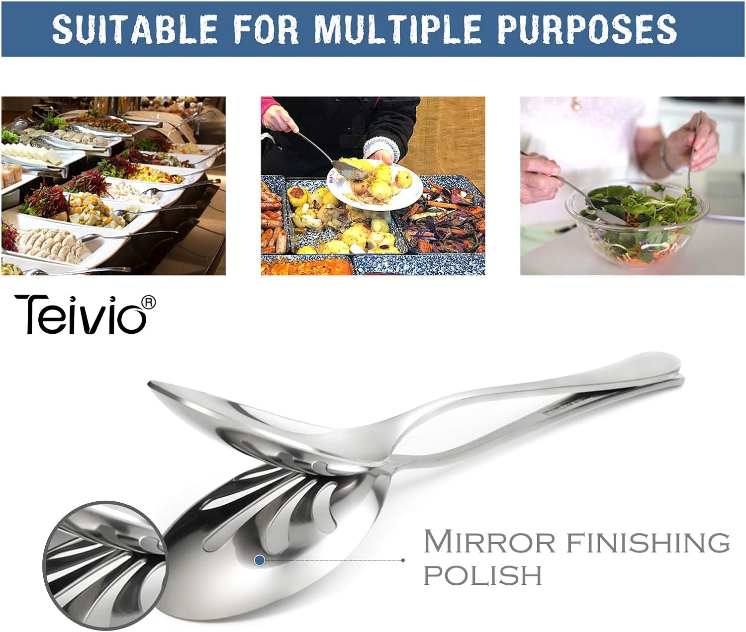 Stainless Steel Metal Serving Utensils - Large Set Of 9-10'' Serving Spoons, 10'' Slotted Spoons, And 9'' Serving Tongs By Teivi