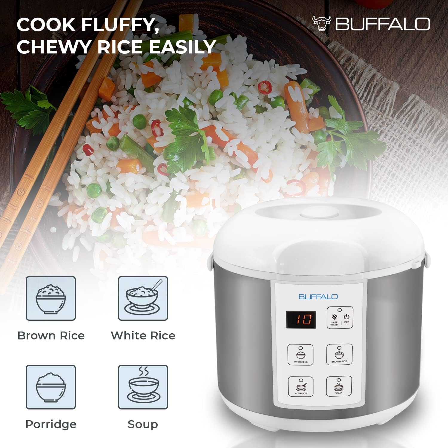 Buffalo Classic Rice Cooker With Clad Stainless Steel Inner Pot (5 Cups) - Small Electric Rice Cooker For Whitebrown Rice, Porri