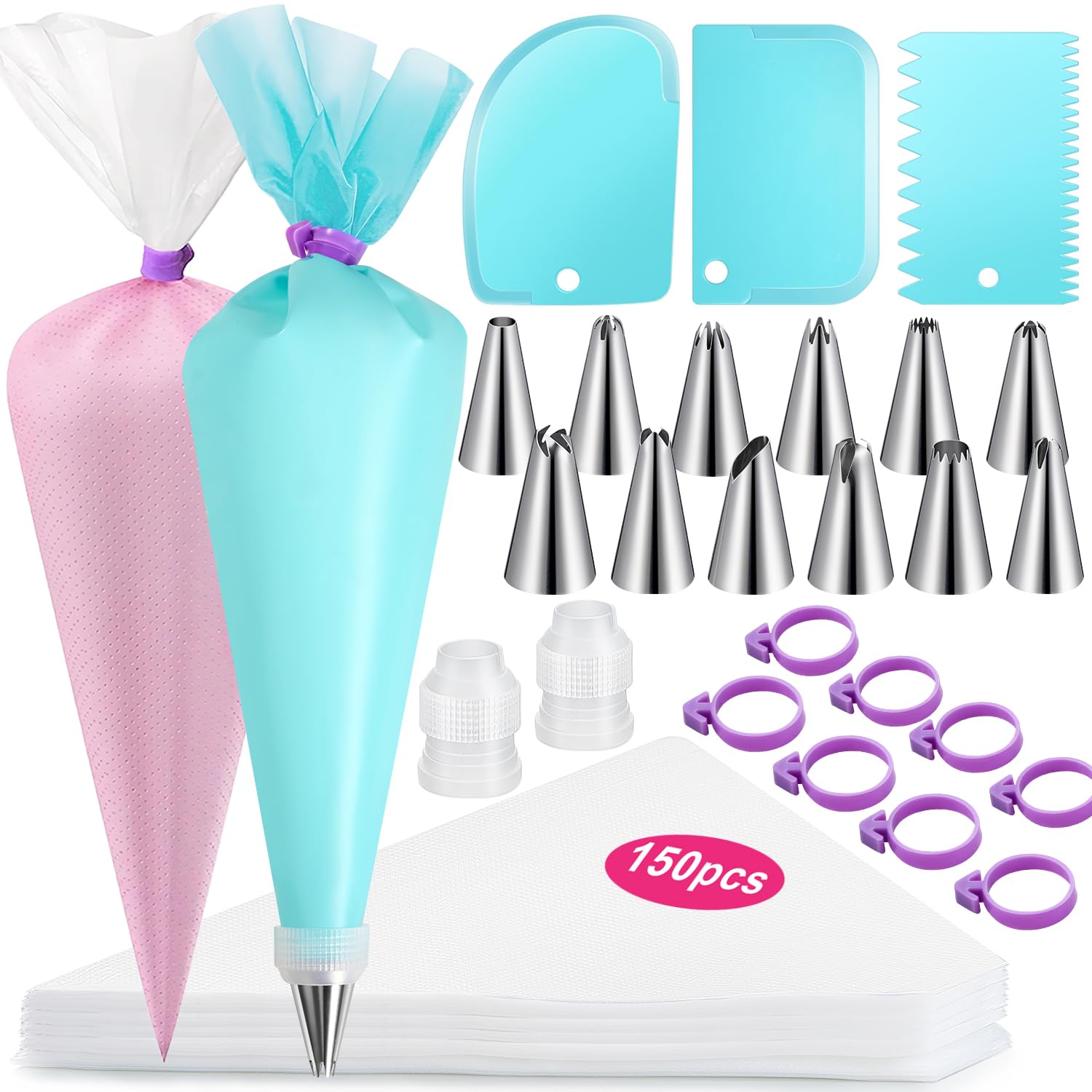 AMOHEE 176PCS Piping Bags and Tips Set, Includes 150pcs 12 Inch Anti Burst Piping Bags, 1 Reusable Pastry Bags, 12 Piping Tips, 