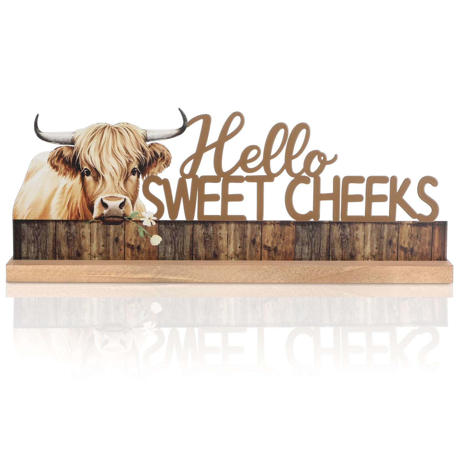 MiniInflat Highland Cow Metal Sign Rustic Table Decor Hello Sweet Cheeks Tiered Tray Decor with Wooden Base Freestanding Metal W