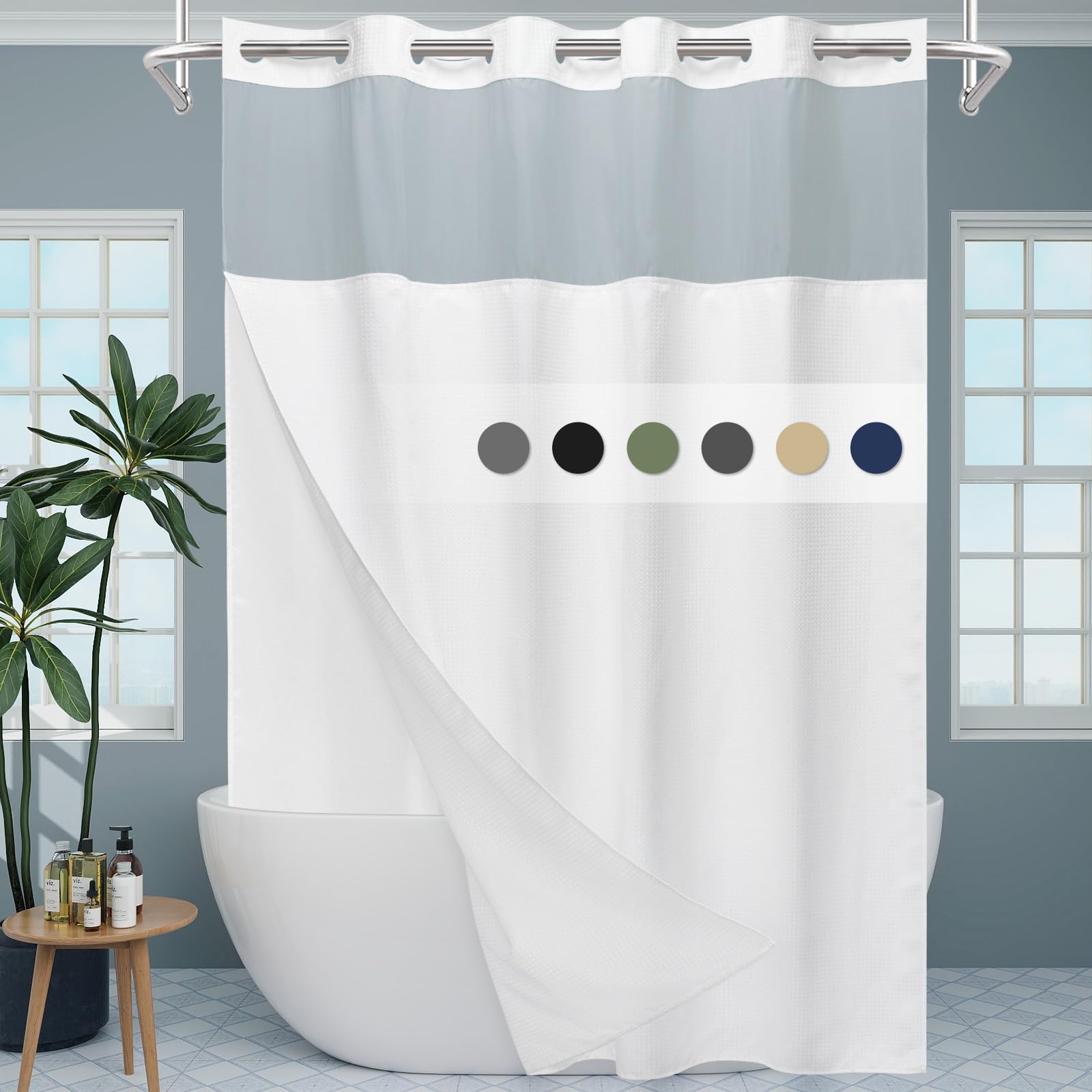 Eutxl White Long No Hook Shower Curtain With Snap In Liner,230Gsm Waffle Weave Shower Curtains For Bathroom,71W X 86H