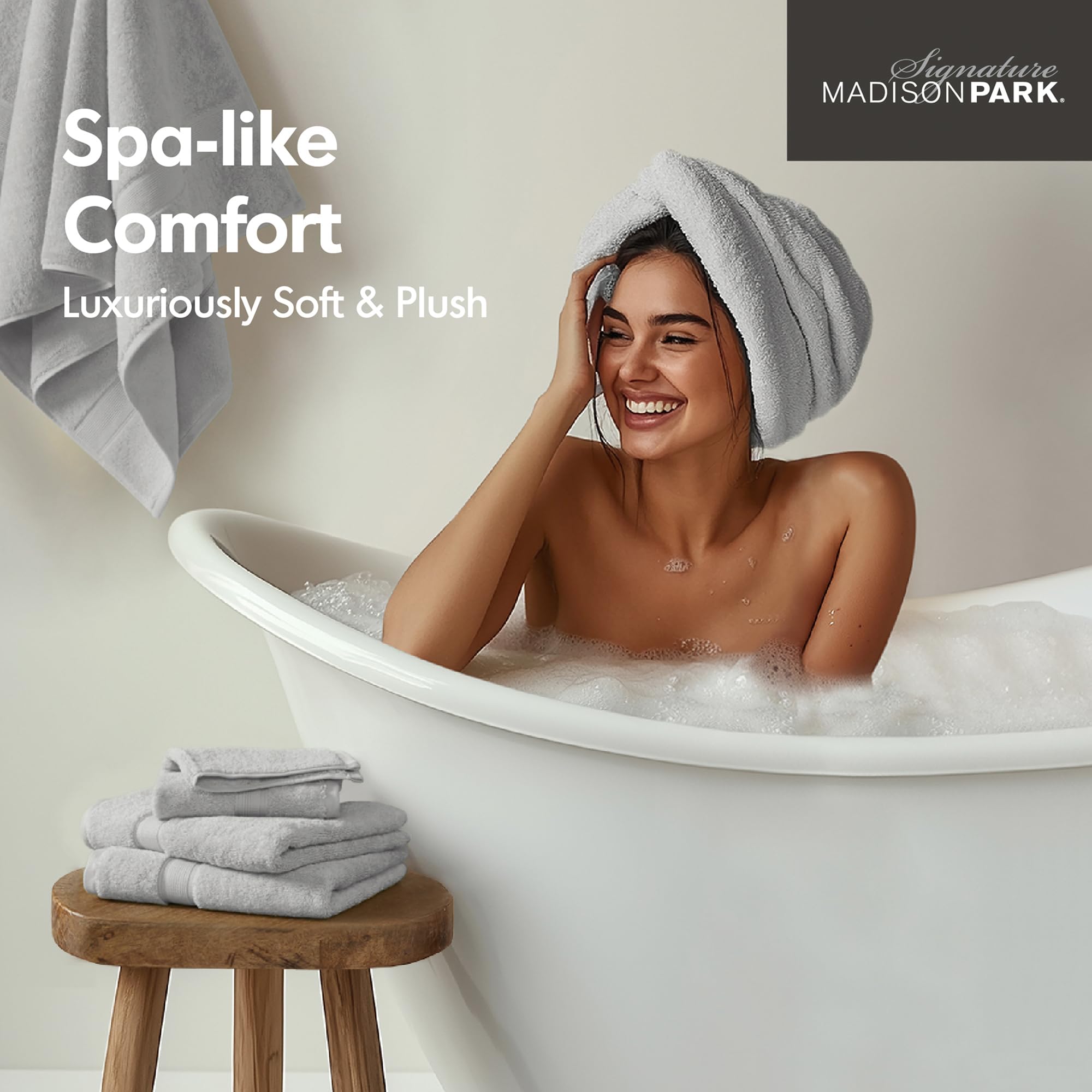 MADISON PARK SIGNATURE 800GSM 100% Cotton Luxurious Bath Towel Set Highly Absorbent  Quick Dry  Hotel & Spa Quality for Bathroom  Multi-Sizes  Silver 8 Piece
