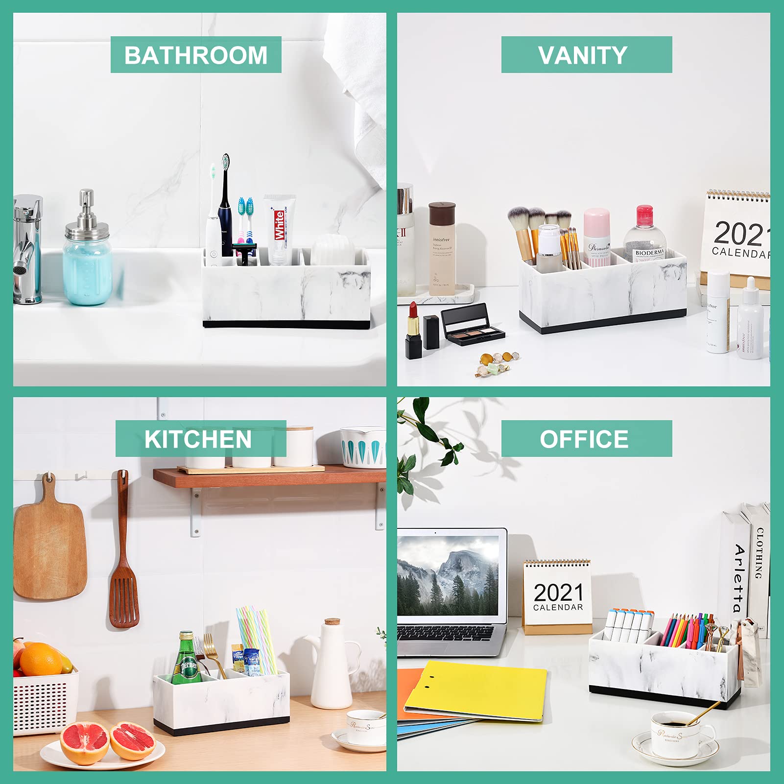 VITVITI Toothbrush Holder for Bathroom  Bathroom Organizer Countertop  Rectangle 6 Compartment Bathroom Accessories Storage for Toothpaste/Vanity Counter/Sink  White Resin of Marble Color