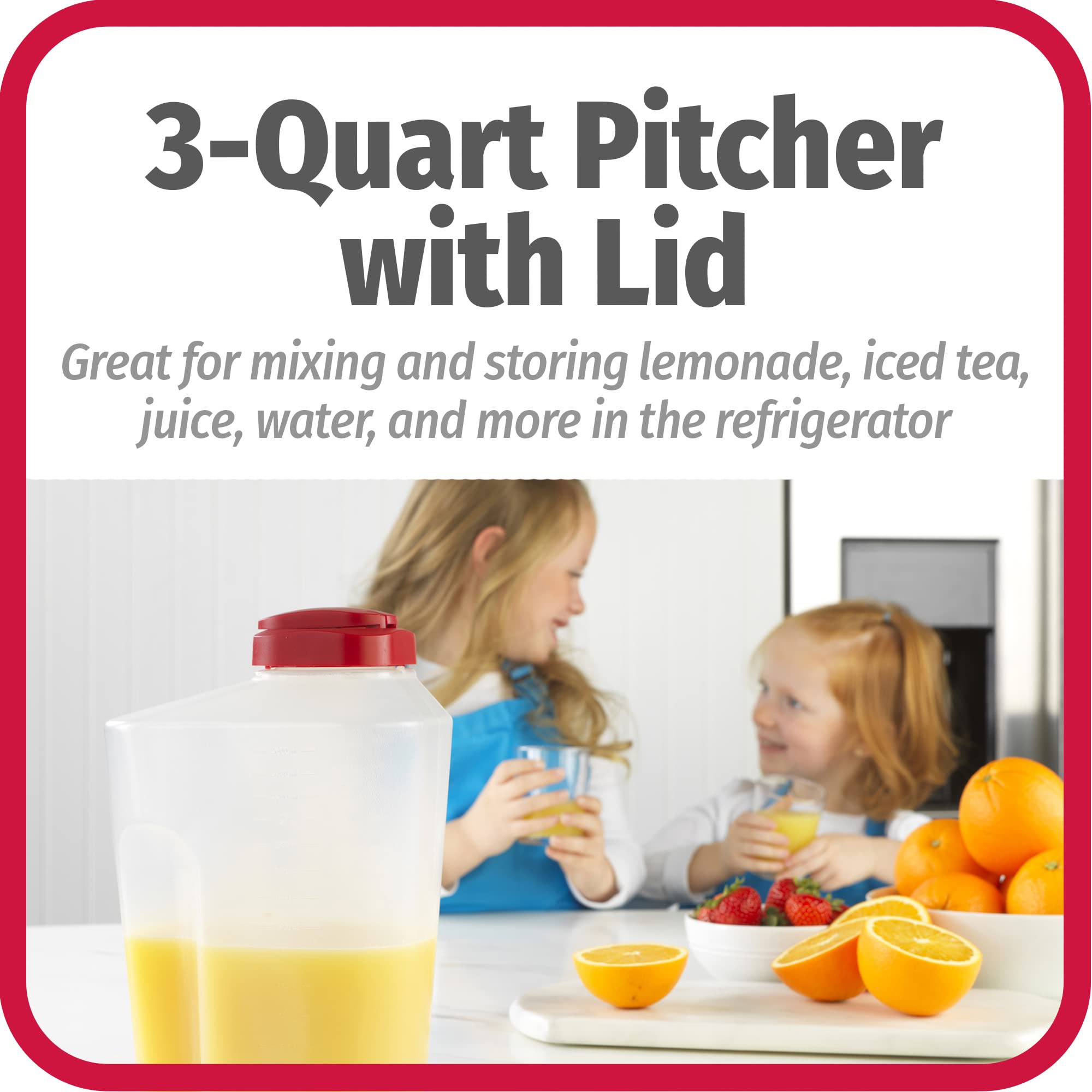 Goodcook 3 Quart Mixing Easy Pour Bottle With Measurements Rounded Grip, Tighten Square Cap With Snap Lock Cap, Clear And Red
