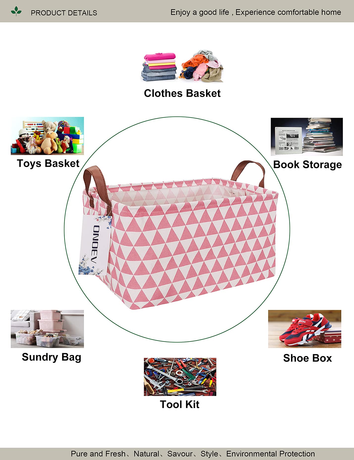ONOEV Rectangular Fabric Storage Box  Decorative Basket and Finishing Basket with Handle are Used for The Storage of Clothes  Books and Sundries(Pink Triangle) 1