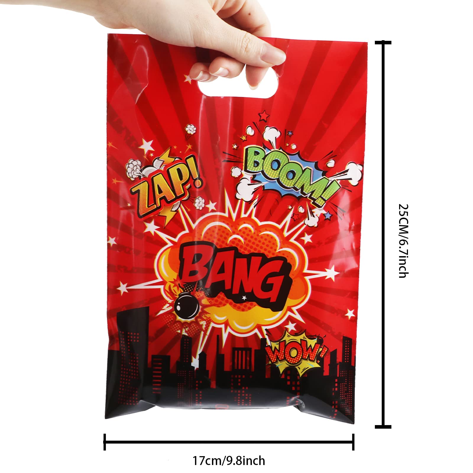 50 PCS Super Theme Hero Party Favor Bags Hero Happy Birthday Goodie Bags Hero Action Sign Candy Treat Bags Durable Plastic Hero Gift Bag for Baby Shower Boys Girls Birthday Party Decorations Supplies