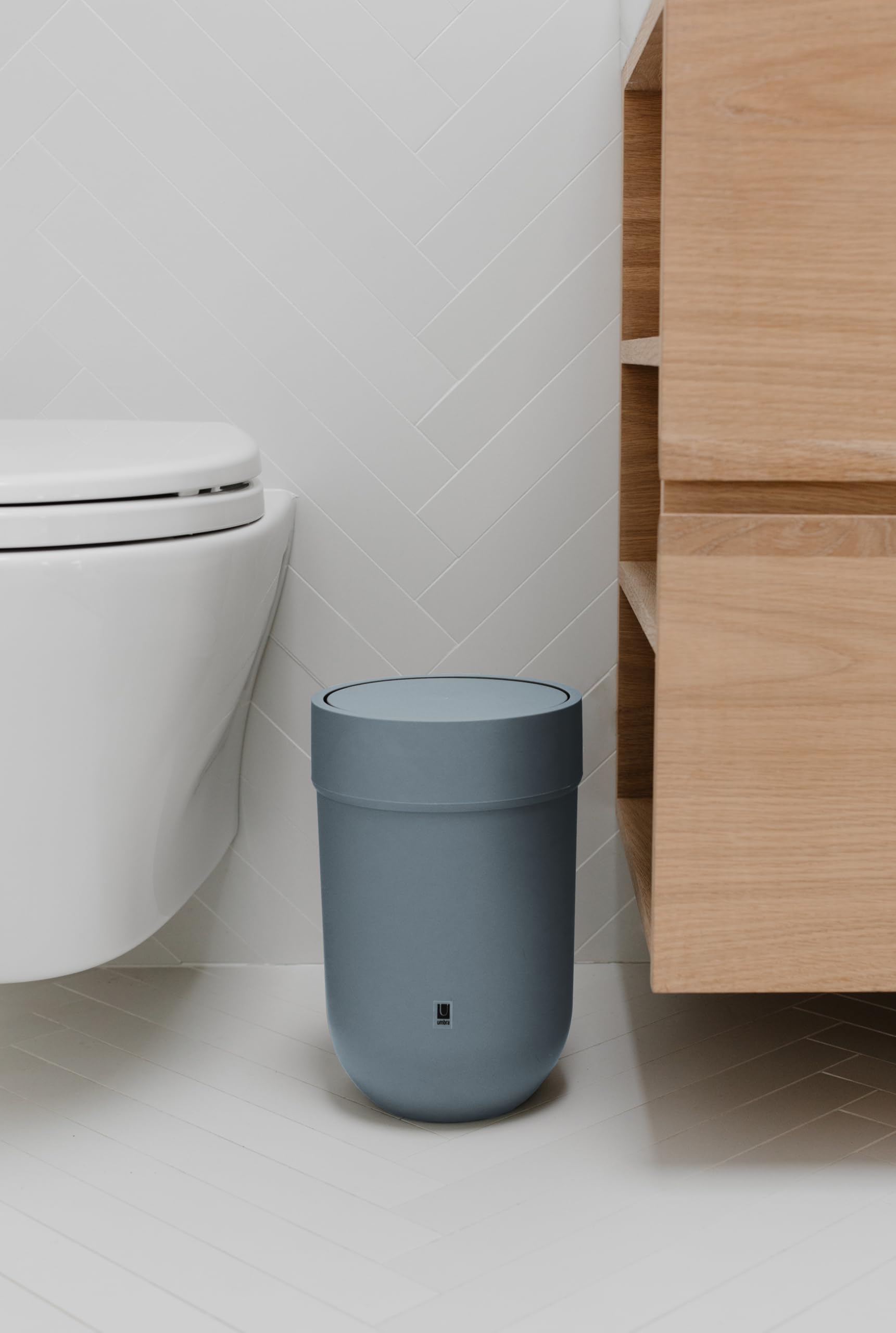 Umbra Touch Trash Can - Small Slate Blue Plastic Waste Basket with Lid, Model 023269-1050