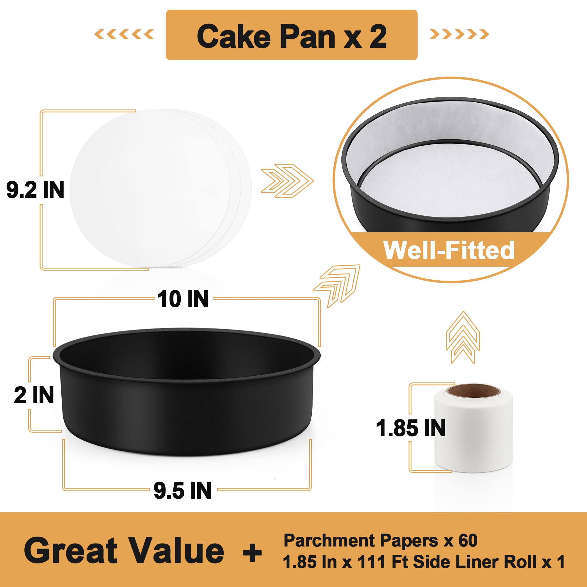 E-Far 9.5 Inch Cake Pans Set Of 2, Nonstick Stainless Steel Small Round Baking Pans With Parchment Paper & Side Liner Roll, Stai