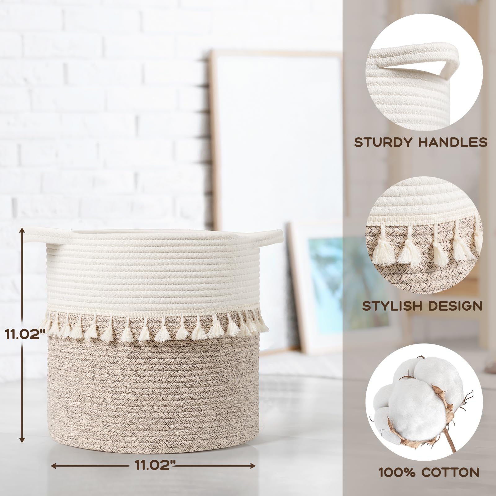 Danpinera 11 Inch Storage Baskets Set Of 3, Cotton Woven Baskets For Storage With Strong Handles & Stylish Tassel, Storage Bins,