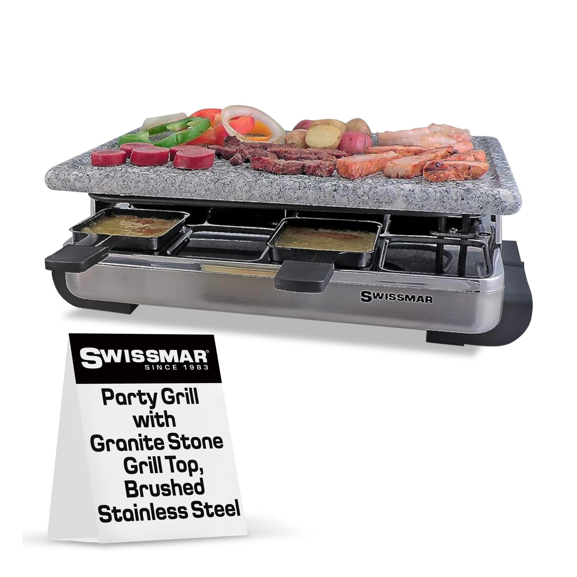 Swissmar Stelvio Raclette Party Grill with Granite Stone Non-Stick Grill Plate/Crepe Top, Outdoor & Indoor Electric BBQ Grill, S