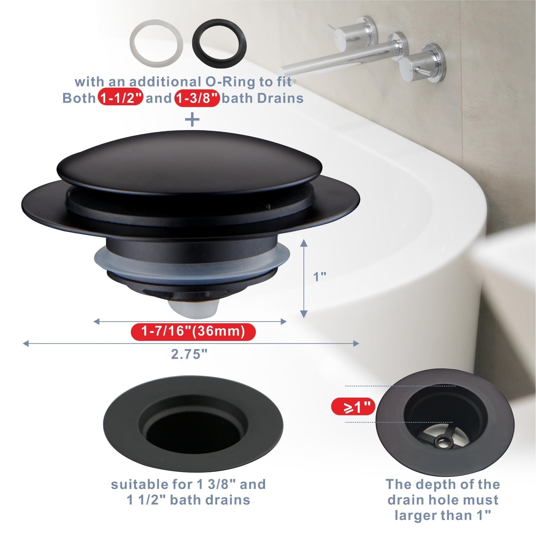 Matte Black Tub Drain Stopper, Hidrop Pop Up Universal Tub Dain Tip Toe Bathtub Drain Stopper,Conversion Kit Assembly, Replaces