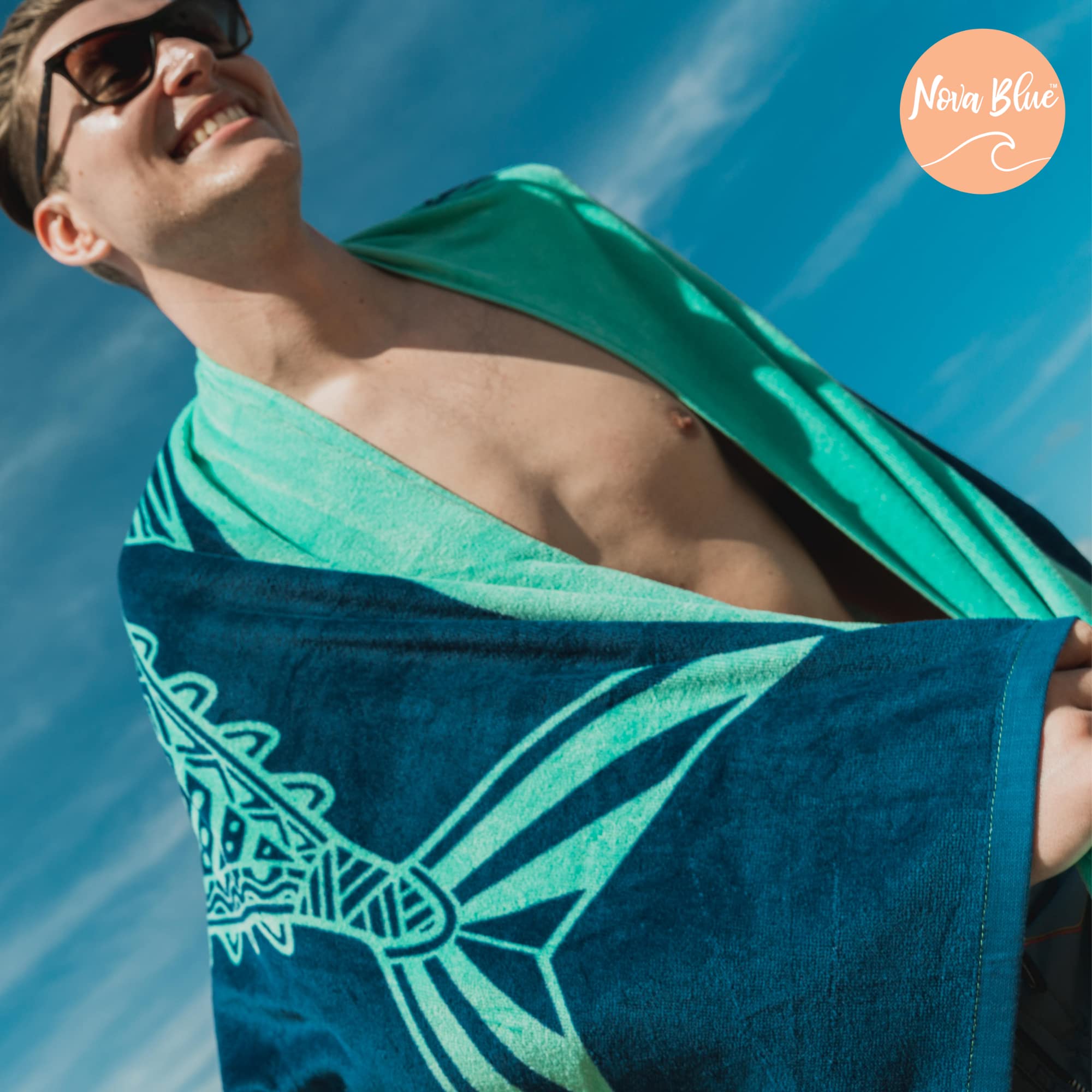 Nova Blue Tuna Fish Beach Towel (34 X 63) - Blue Striped Cotton Beach Towel Made From 100% Cotton - Quick Drying Pool Towel With
