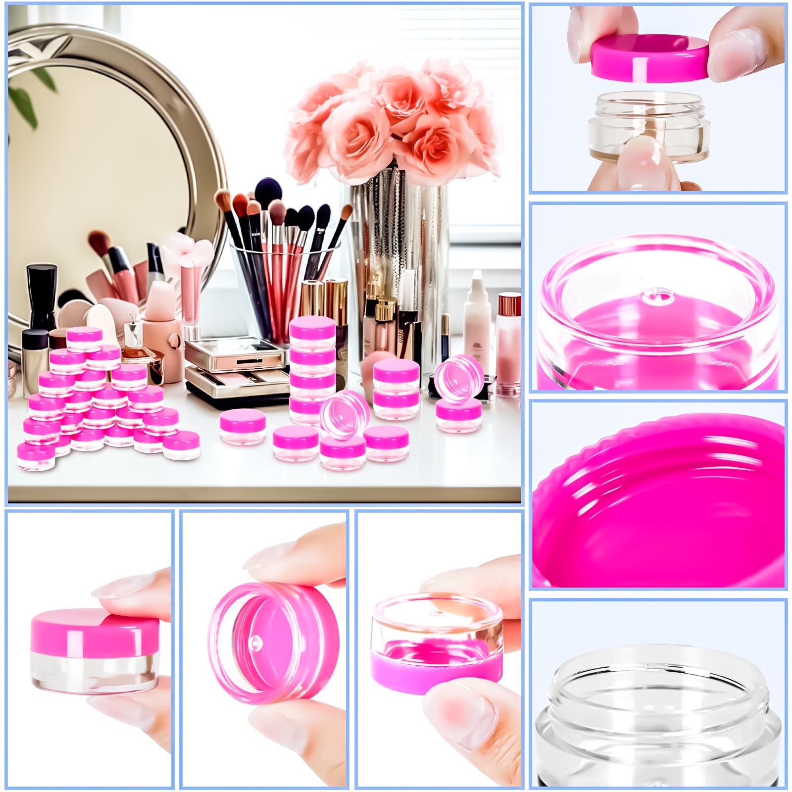 Motbach 100 Pcs 5G Empty Plastic Containers With Pink Lids,Mini Makeup Sample Containers, Small Sample Pot Jars Round Cosmetic J