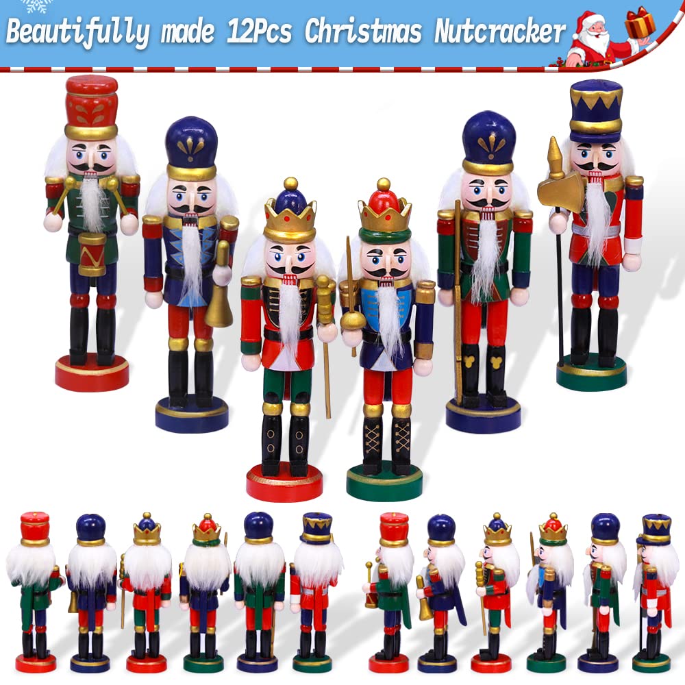 Jolik 12 PCS Christmas Nutcracker Ornament Set Wooden Nutcracker Ornaments Decoration for Xmas Tree, Table Decor(5.3, Set of 1
