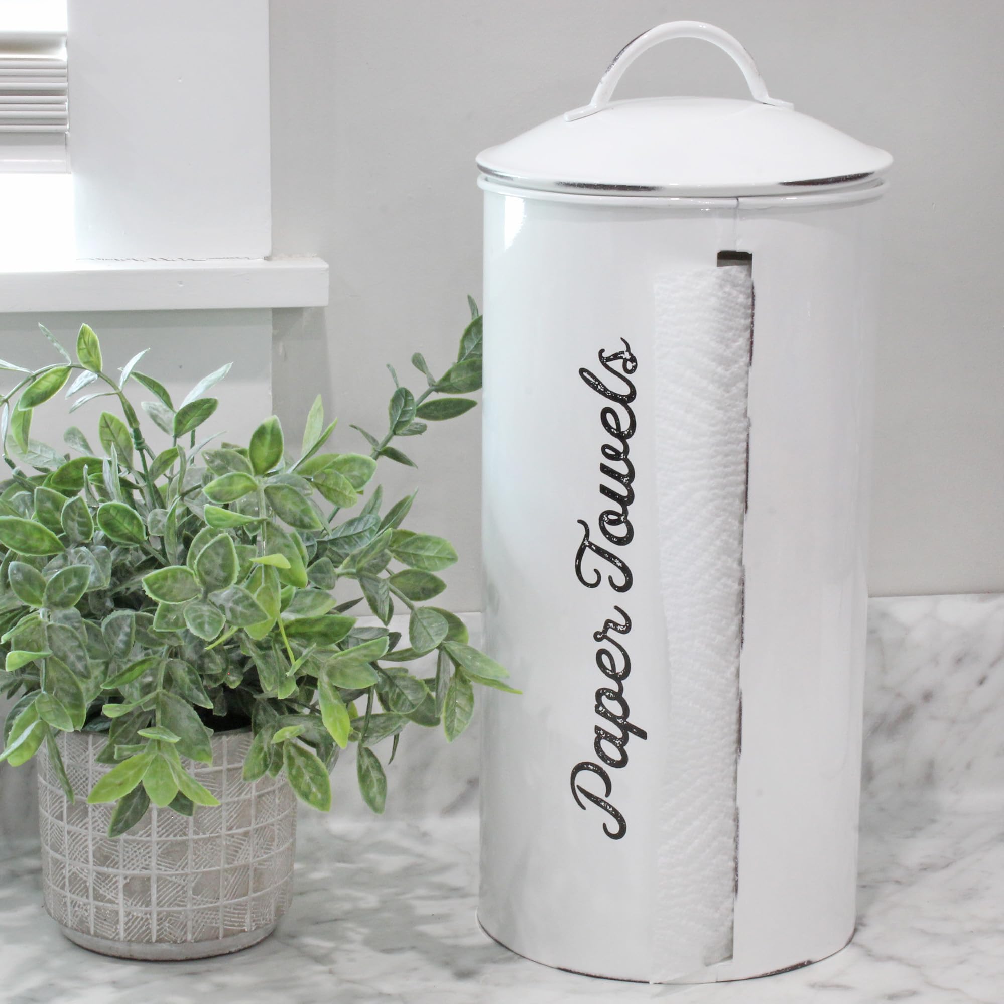 Auldhome Farmhouse Paper Towel Holder (White); Rustic Enamelware Countertop Paper Towel Dispenser For Kitchen