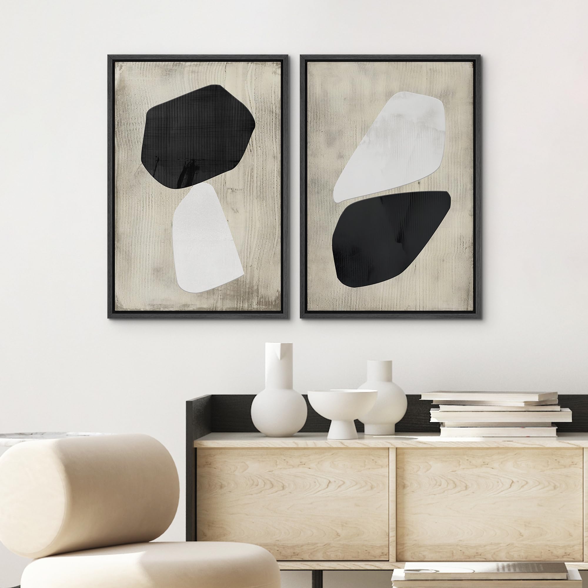 SIGNWIN Framed Canvas Print Wall Art Set Mid-Century Grunge Duotone Polygons Abstract Shapes Illustrations Minimal Decorative Nordic Zen Bohemian for Living Room  Bedroom  Office - 24''x36''x2 Black