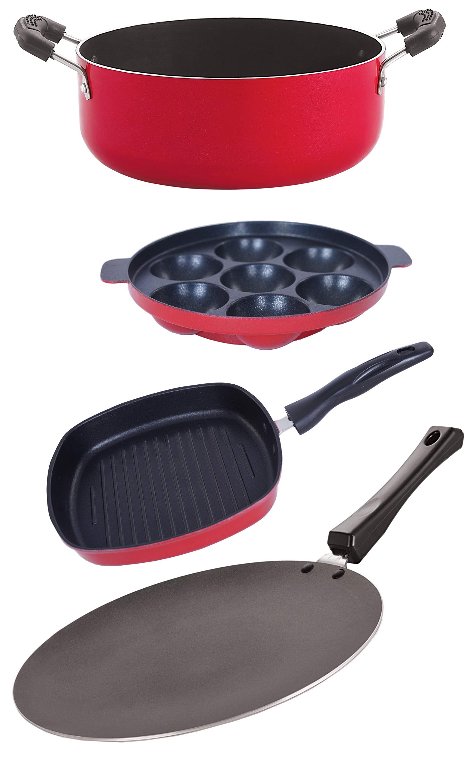 Nirlon NonStick Cookware Kitchen Cooking Essential Combo 4 Pieces Set Red (Concave Tawa 28.5Cm + Appam 7 Cavity + Grill Pan 24.