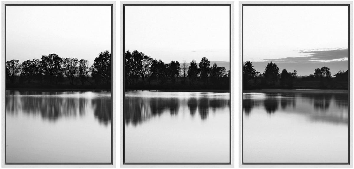 Nwt Framed Canvas Print Wall Art Set Black White Forest Lake Reflection Landscape Nature Wilderness Photography Art Rustic Sceni