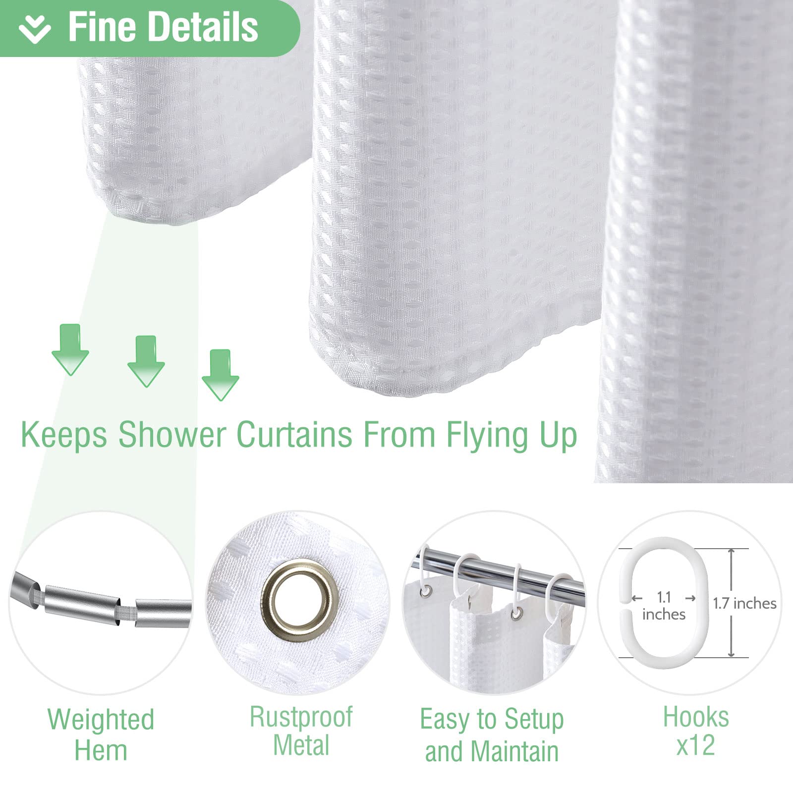 Dynamene White Fabric Shower Curtain  Waffle Weave Heavy Duty Hotel Luxury Cloth Shower Curtains for Bathroom  72 Inch 256GSM Weighted Bath Curtain Set with 12 Plastic Hooks 72x72