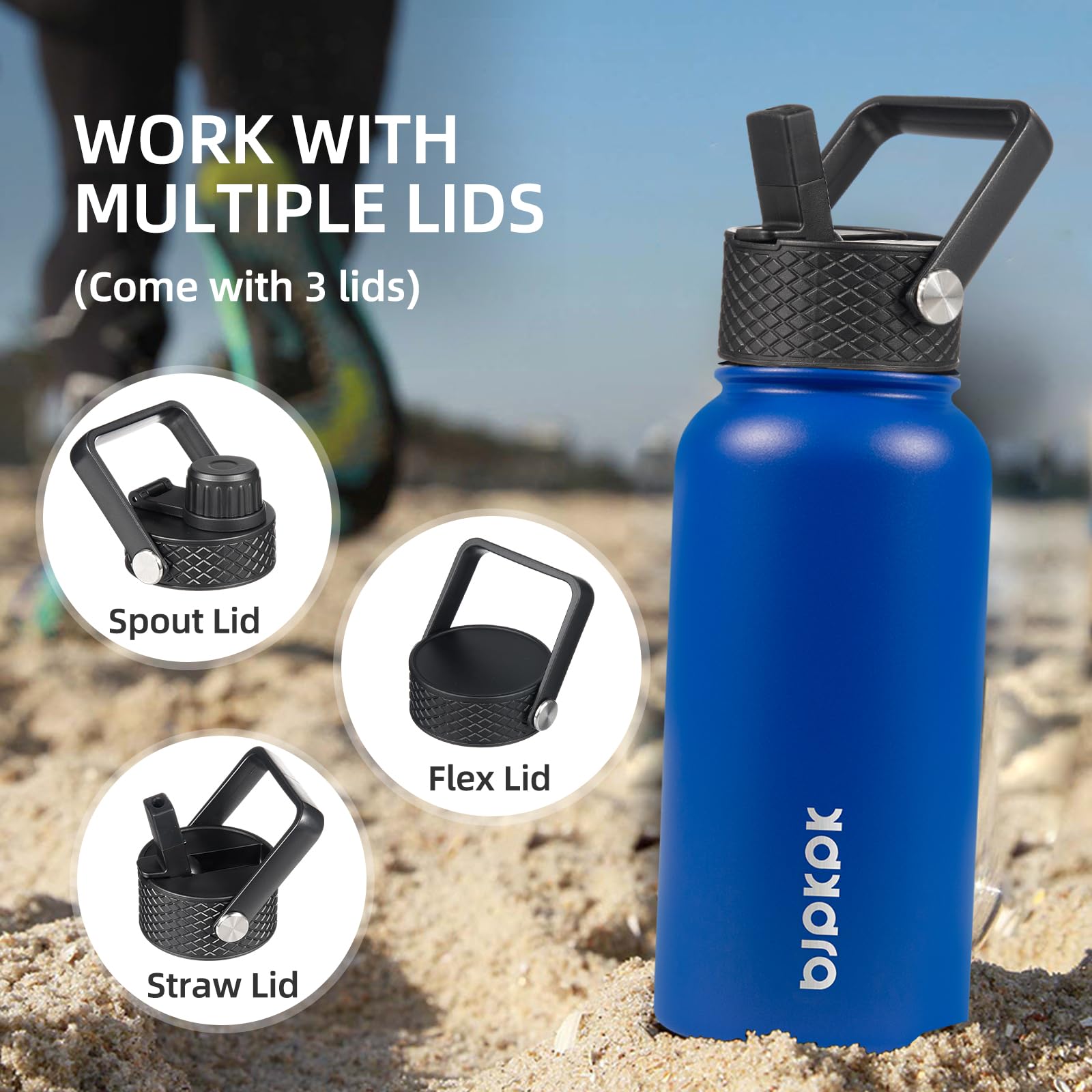 Bjpkpk Insulated Water Bottles With Straw Lid, 27Oz Stainless Steel Water Bottle With 3 Lids, Leak Proof Bpa Free Metal Thermos