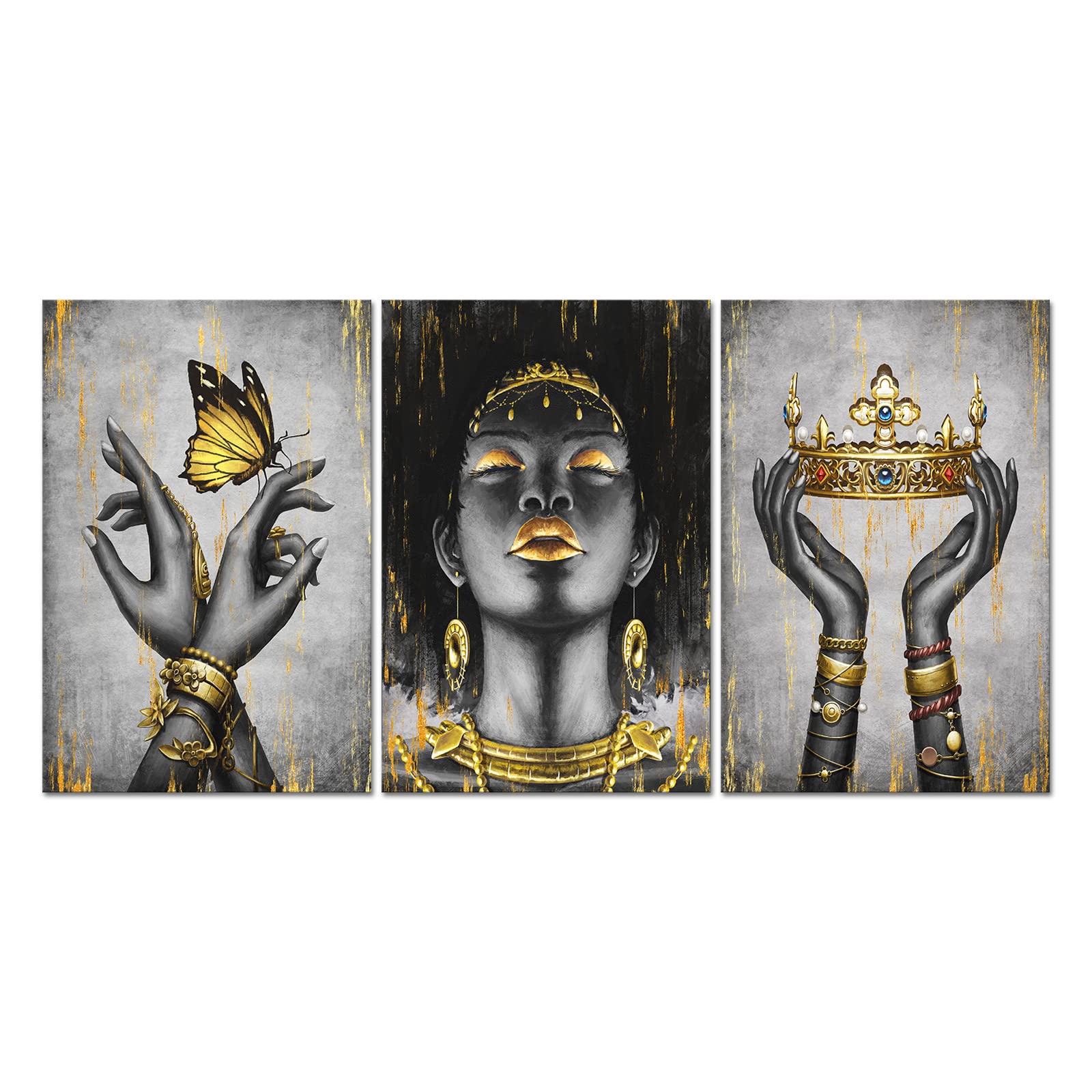 Welmeco African American Cavnas Wall Art Elegant Black Woman With Gold Necklace Crown Butterfly Painting Fashion Charming Woman
