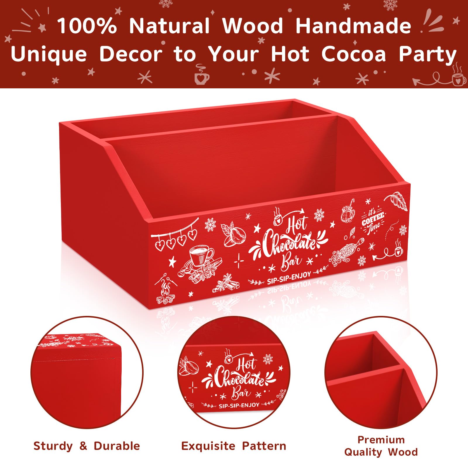 QIKSION 2 Pcs Christmas Hot Cocoa Bar Wood Storage Box Hot Chocolate Decorative Box Double Layer Wooden Storage Bins for Home Ki