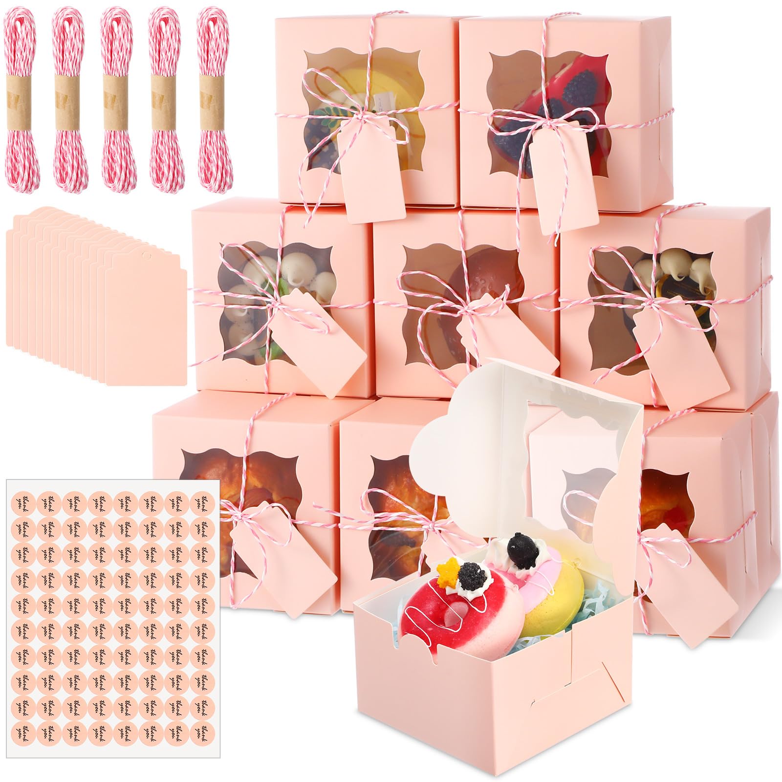 Chivertion 80 Pcs 4x4x2.5 Inches Cookie Boxes with Window Bakery Boxes Christmas Small Pastry Treat Mini Cake Dessert Baked Good