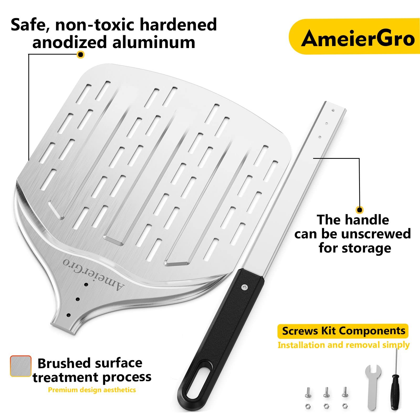 Ameiergro 12'' Perforated Pizza Peel, Long Handle(31'') Anodised Aluminum Pizza Spatula Paddle, Pizza Oven Accessories For Pizza