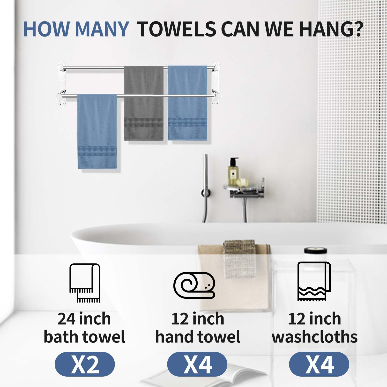 Kahcnvn Towel Racks For Bathroom, 24Inches Adjustable Towel Rack, Stainless Steel Screw Mounting Bathroom Towel Holder, Tape Hoo