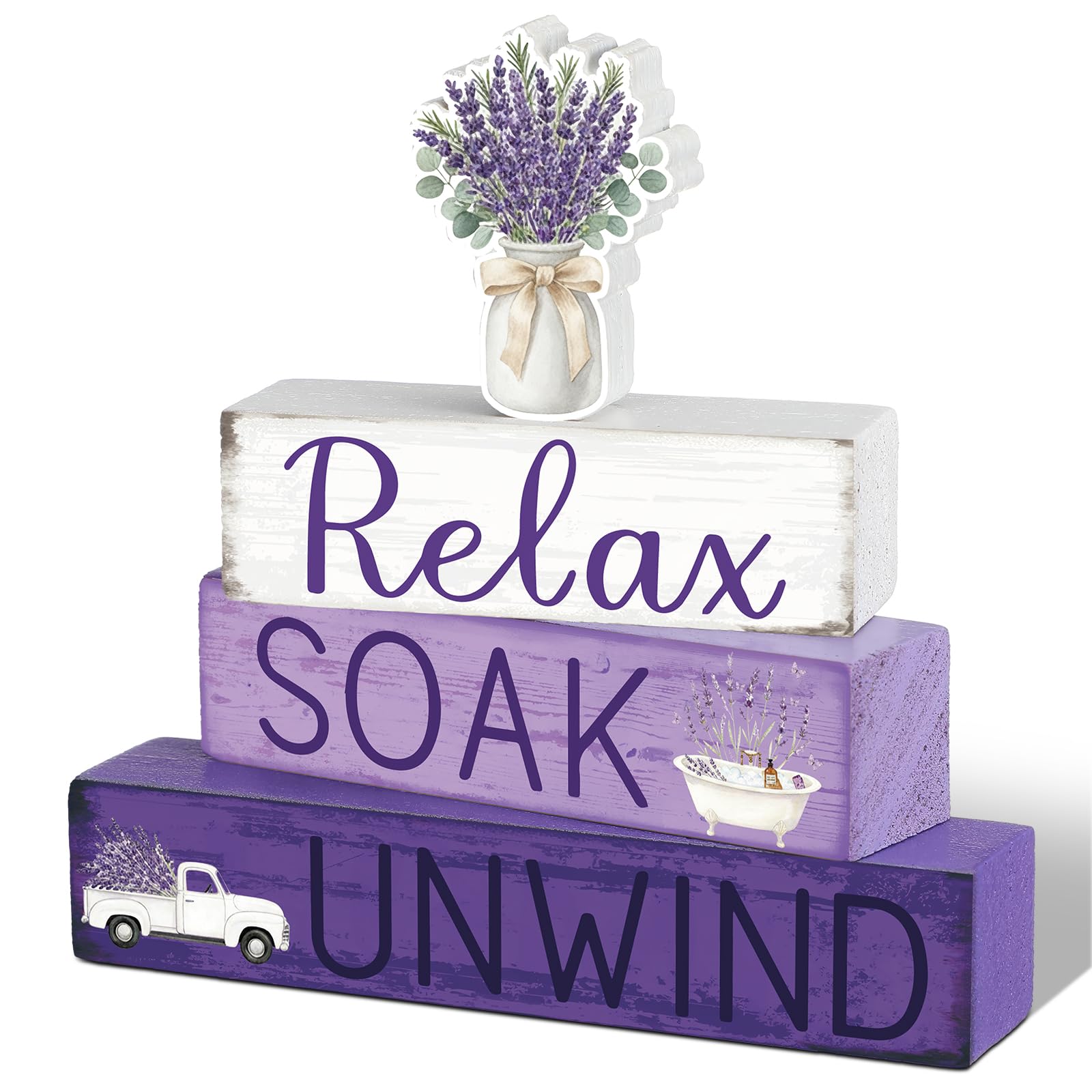 Cinnvoice 4 Pcs Lavender Bathroom Decor Farmhouse Bathroom Decoration Relax Soak Unwind Table Centerpiece Gift for Christmas Val