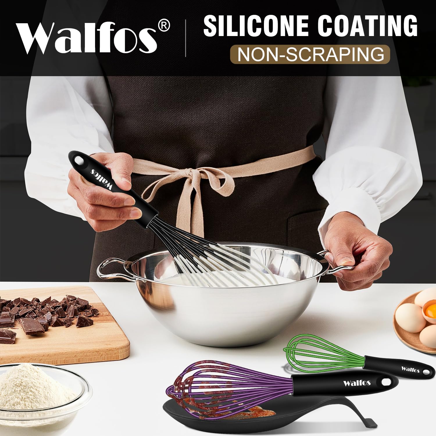 Walfos Silicone Whisk With 8In Rest,Whisks For Cooking Non Scratch,7.5+9+11In Whisk For Nonstick Cookware,Dishwasher Safe,Rest F