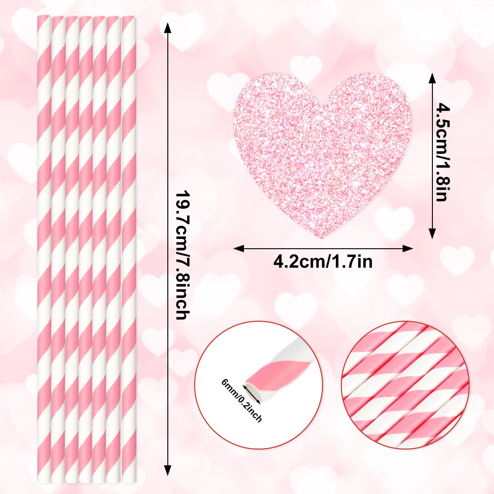 Whaline 60Pcs Valentine'S Day Paper Straws Pink Striped Drinking Straws With 60Pcs Glitter Pink Heart Slices Valentines Party Di