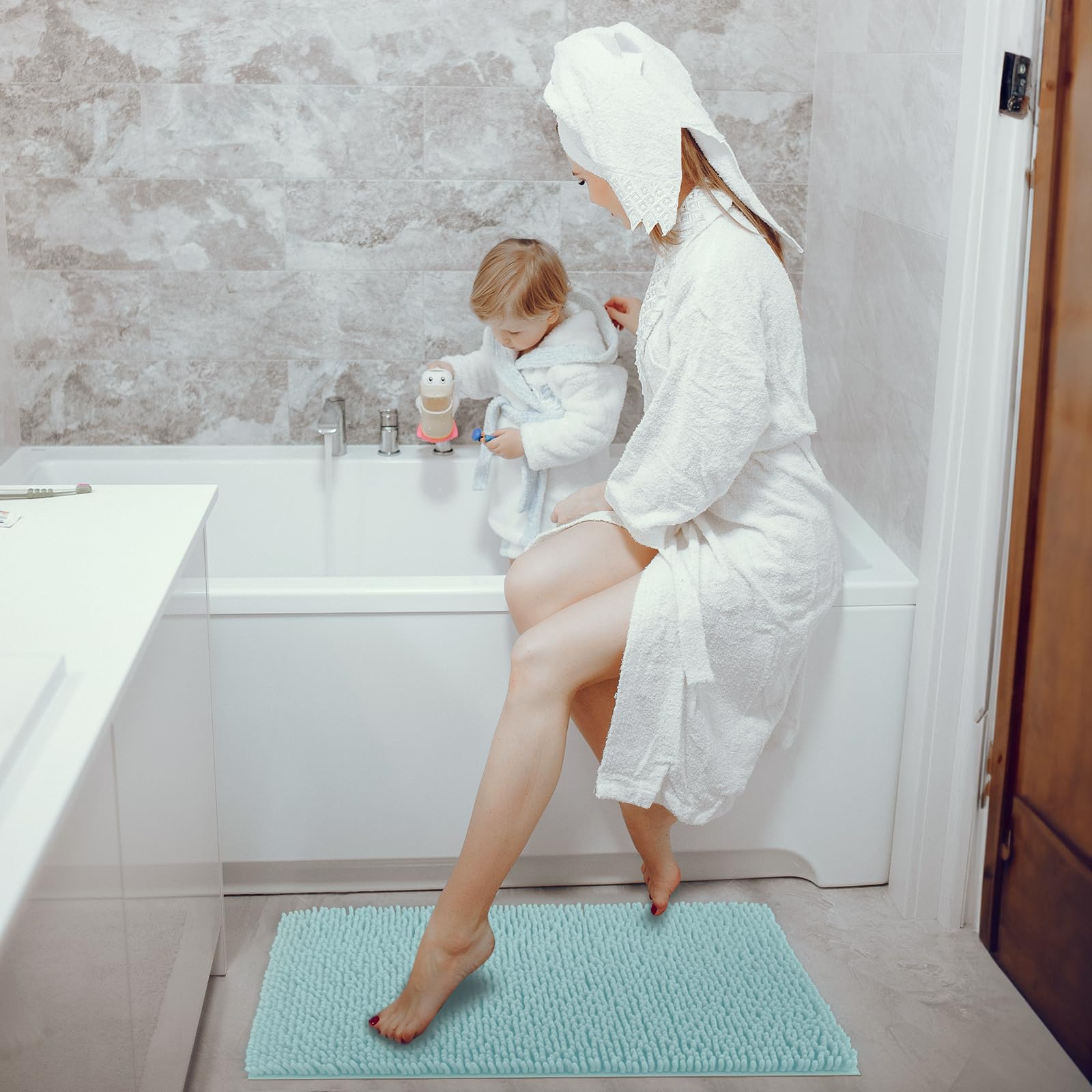 Techmilly Soft Fluffy Chenille Bathroom Rugs, Non Slip Absorbent Bath Mats For Bathroom, Washable And Quick Dry, Light Blue, 20'