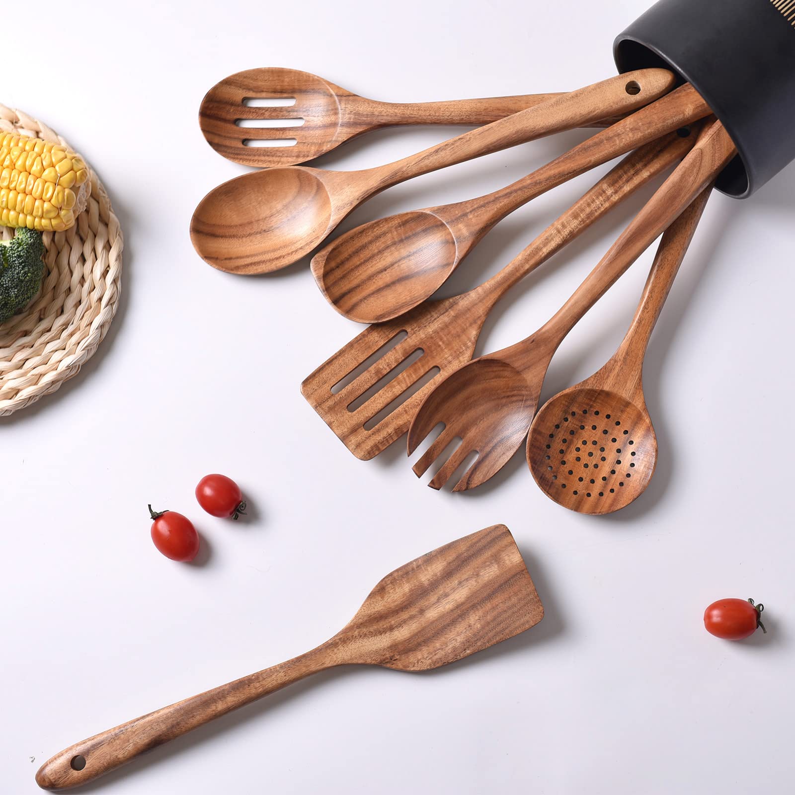 Gudamaye 13 Inch Long Wooden Utensils For Cooking, Long Handle Wooden Spoons For Cooking, 7 Pces Crafting Wooden Spoon Set, Wood