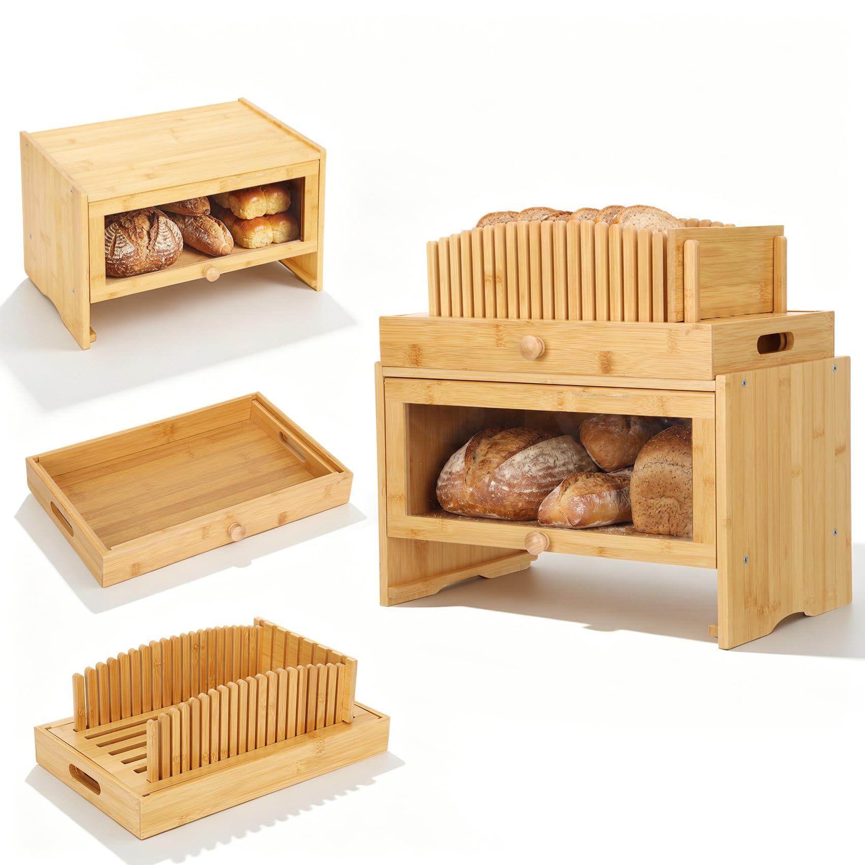 3in1 Bread Box for Kitchen Countertopm with Bread Slicer Bread Serving Tray
