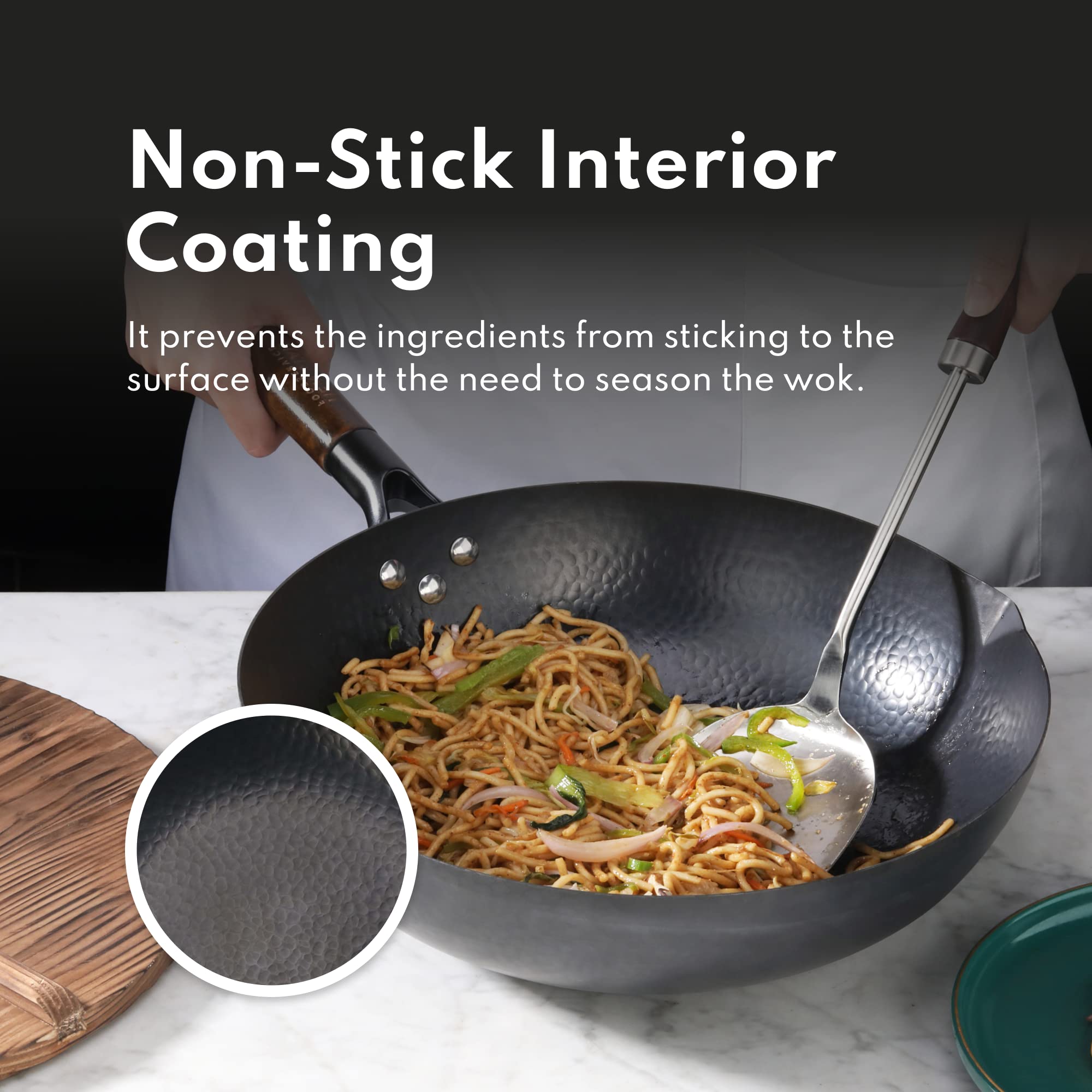 New Star Foodservice 1029154 Hand Hammered Cast-Iron Non-Stick Wok Carbon Steel, Includes 12.7'' Round Bottom Wok, Wooden Wok Li